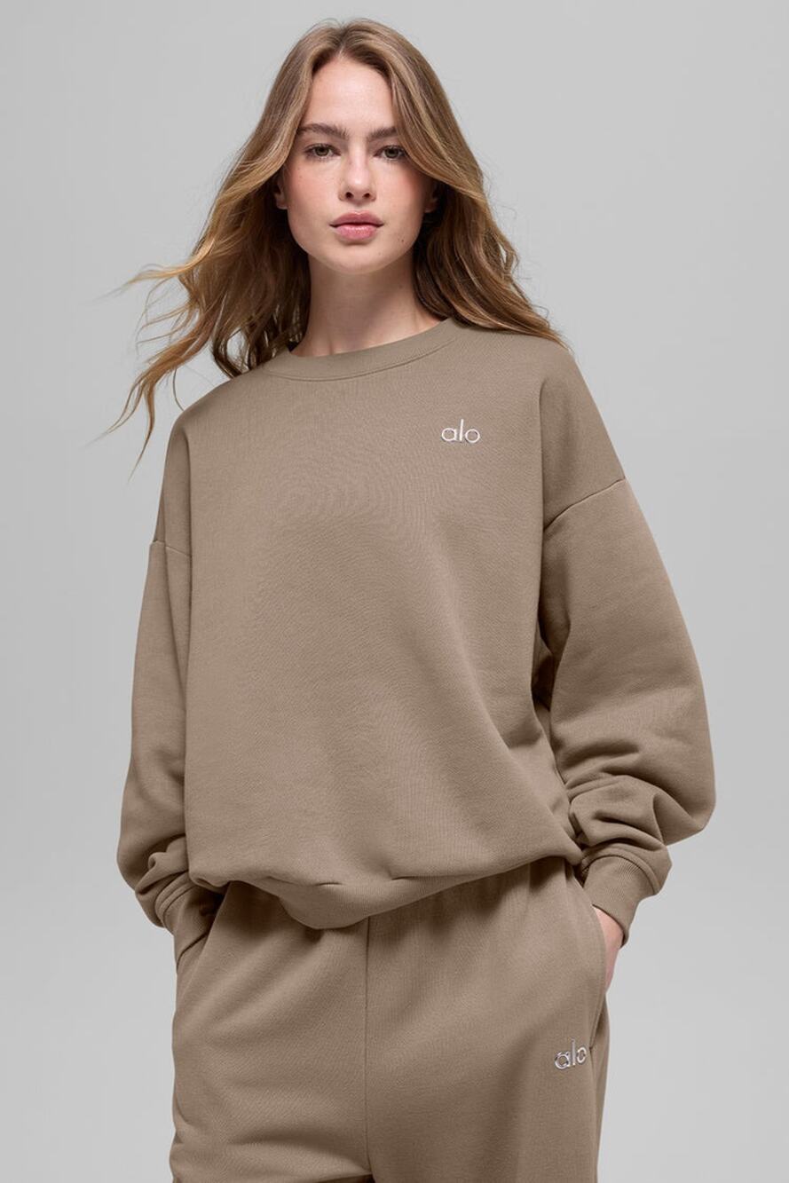 Alo Yoga Accolade Gravel Beige Oversized Crewneck Lounge Athleisure Sweatshirt S